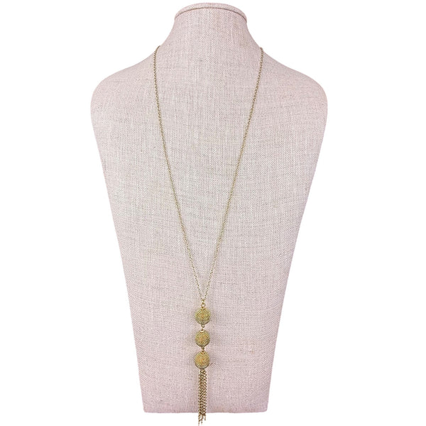 Gold Tone Necklace & Earrings Set Long Chain Tassel Detailing Textured Spheres