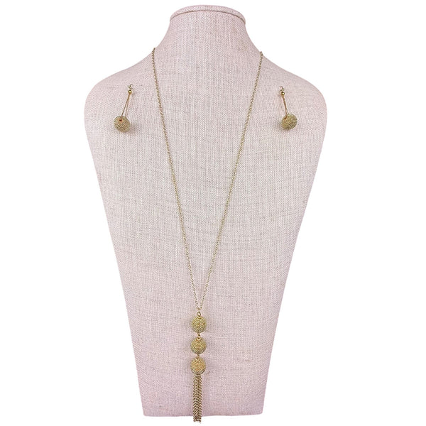 Gold Tone Necklace & Earrings Set Long Chain Tassel Detailing Textured Spheres