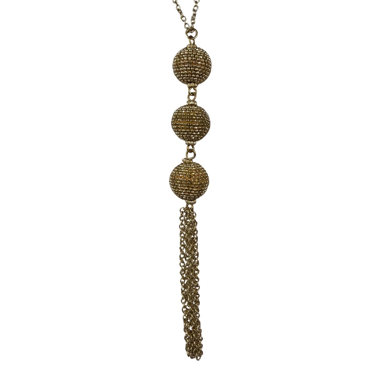 Gold Tone Necklace & Earrings Set Long Chain Tassel Detailing Textured Spheres