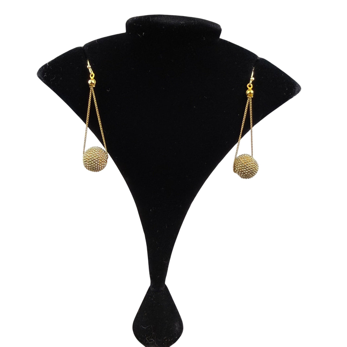 Gold Tone Necklace & Earrings Set Long Chain Tassel Detailing Textured Spheres