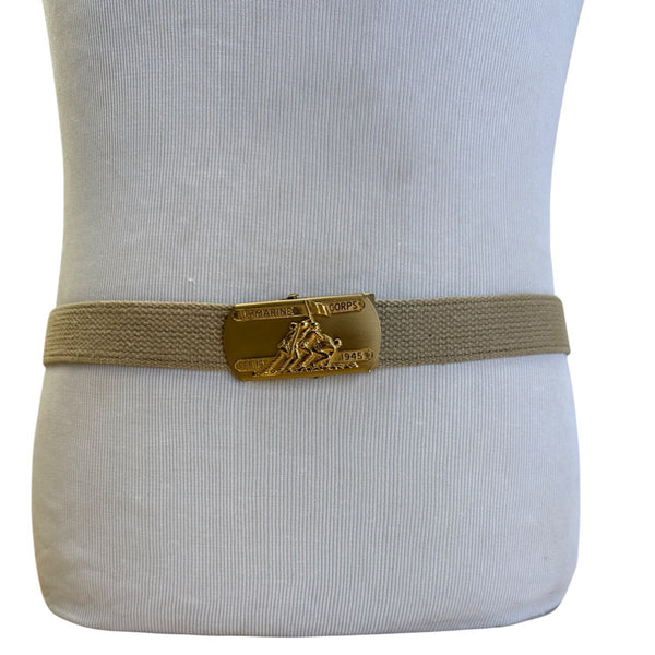 Vintage U.S. Marine Corps Belt With Feb. 19 1945 Gold Buckle & Tan Woven Strap