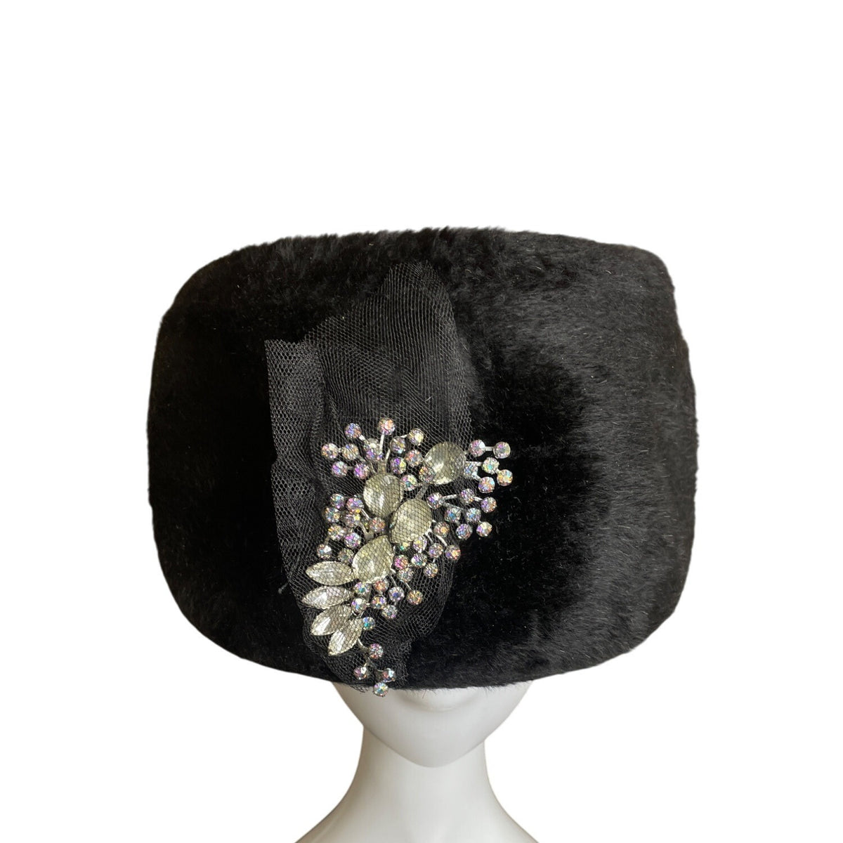Vintage Black Faux Fur Pillbox Hat With Rhinestone & Mesh Accents