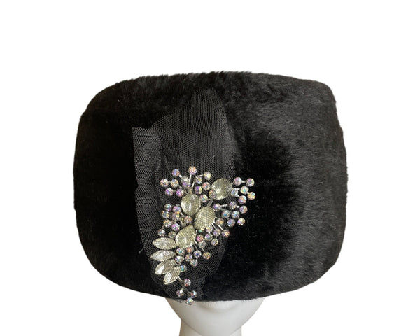 Vintage Black Faux Fur Pillbox Hat With Rhinestone & Mesh Accents