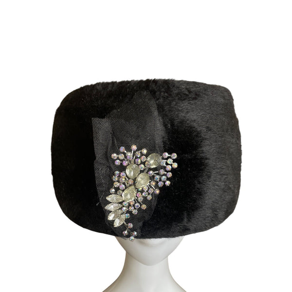 Vintage Black Faux Fur Pillbox Hat With Rhinestone & Mesh Accents