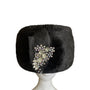 Vintage Black Faux Fur Pillbox Hat With Rhinestone & Mesh Accents