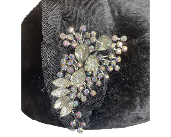 Vintage Black Faux Fur Pillbox Hat With Rhinestone & Mesh Accents