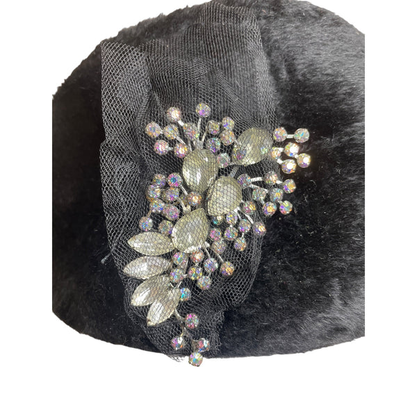 Vintage Black Faux Fur Pillbox Hat With Rhinestone & Mesh Accents