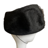 Vintage Black Faux Fur Pillbox Hat With Rhinestone & Mesh Accents