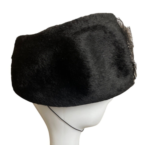 Vintage Black Faux Fur Pillbox Hat With Rhinestone & Mesh Accents