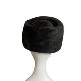 Vintage Black Faux Fur Pillbox Hat With Rhinestone & Mesh Accents