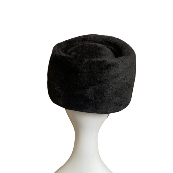Vintage Black Faux Fur Pillbox Hat With Rhinestone & Mesh Accents