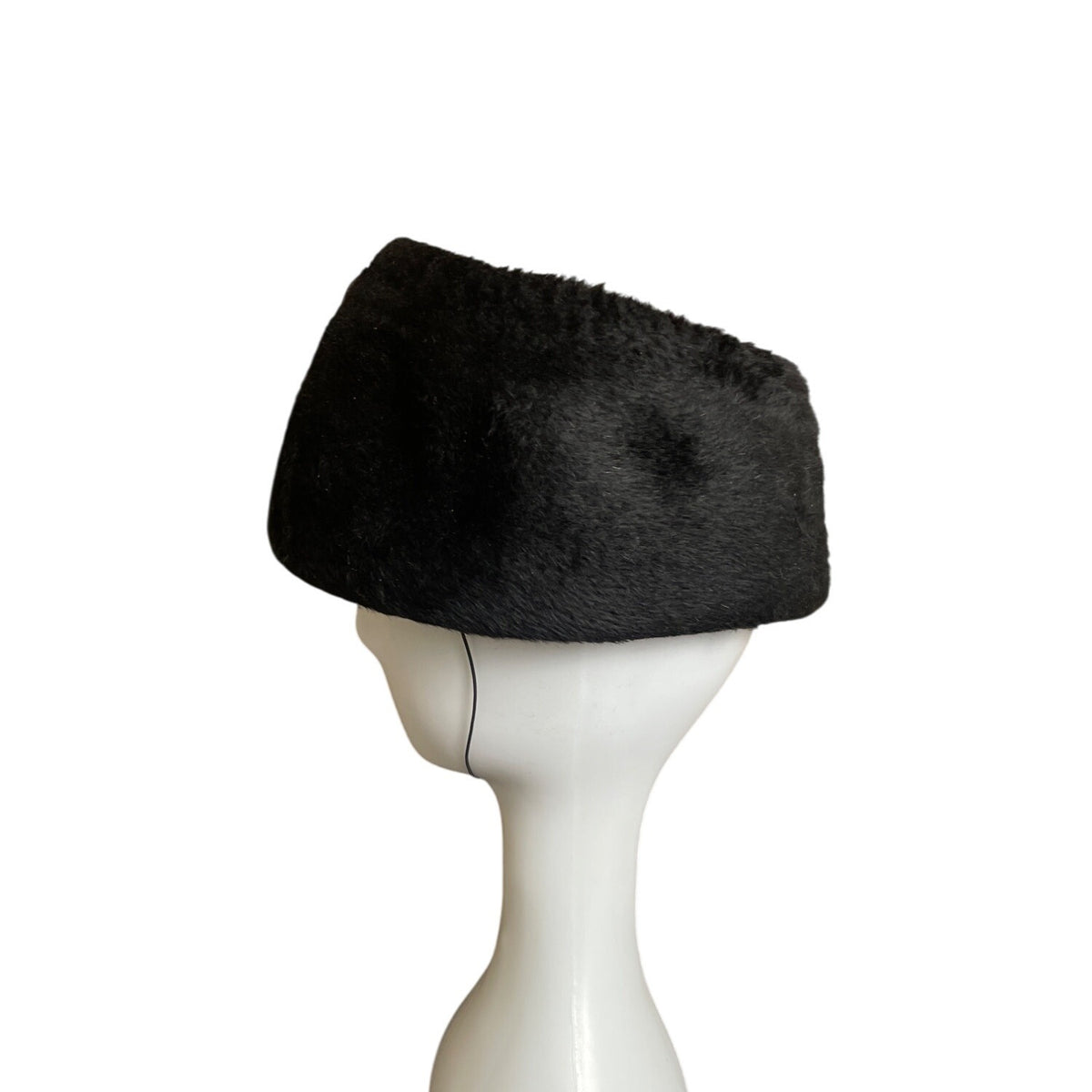 Vintage Black Faux Fur Pillbox Hat With Rhinestone & Mesh Accents
