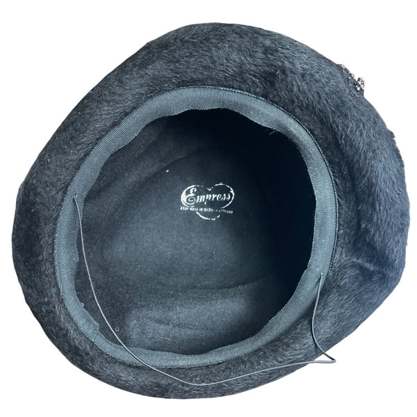 Vintage Black Faux Fur Pillbox Hat With Rhinestone & Mesh Accents