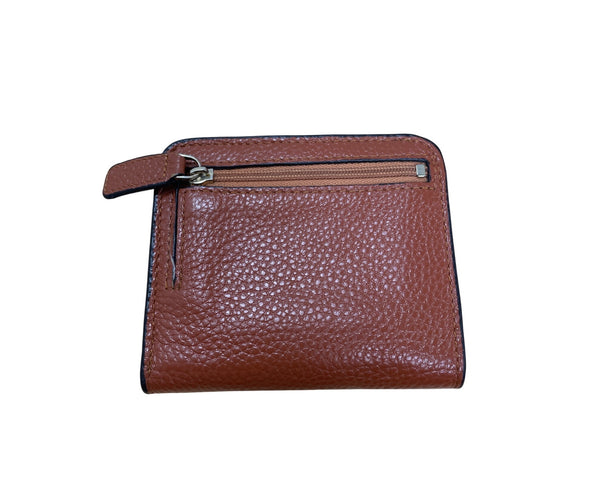 Brown Leather Womens Bifold Wallet With Snap Closure / ID Window & Zippered Coin Pocket