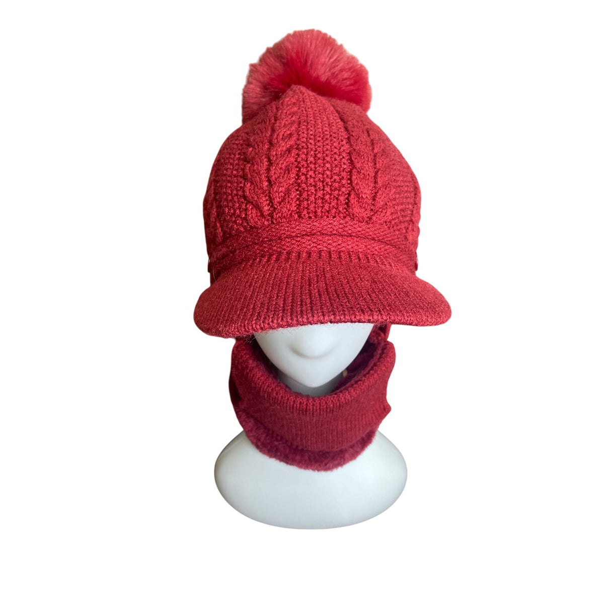 Unbranded Knitted Red With Pom Pom & Neck Warmer Winter Cap