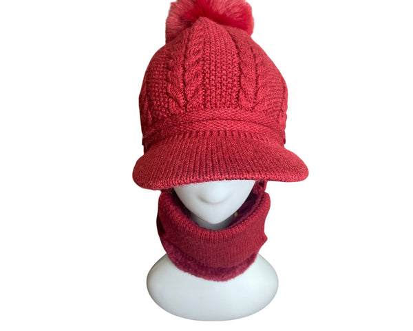 Unbranded Knitted Red With Pom Pom & Neck Warmer Winter Cap