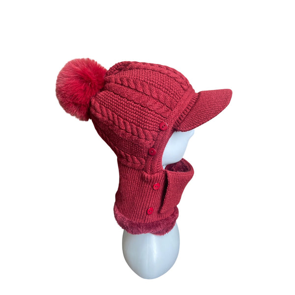 Unbranded Knitted Red With Pom Pom & Neck Warmer Winter Cap