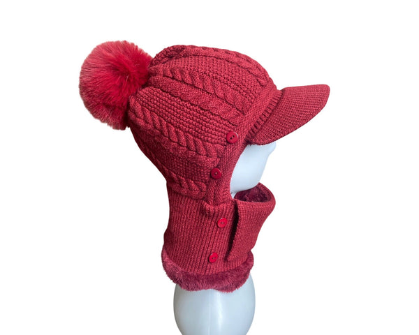 Unbranded Knitted Red With Pom Pom & Neck Warmer Winter Cap