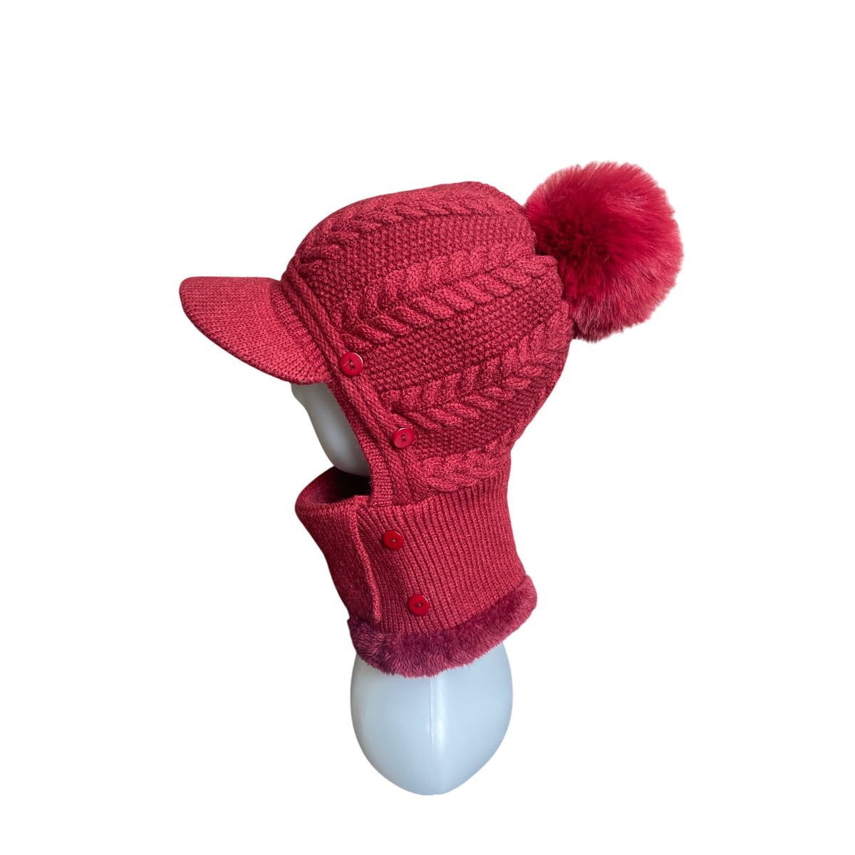 Unbranded Knitted Red With Pom Pom & Neck Warmer Winter Cap