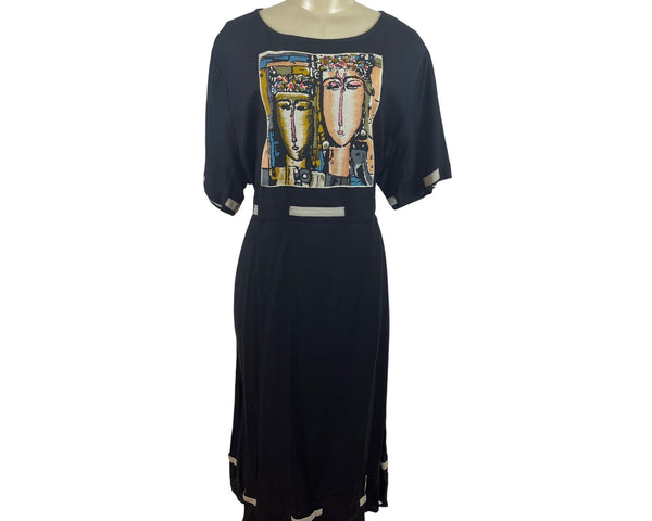 Reversal Black Dress With Abstract Art Print & Contrast Trim Size 1X - New