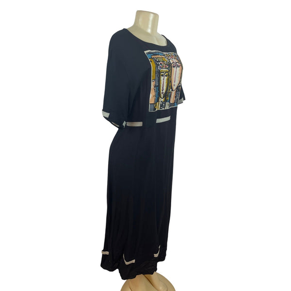 Reversal Black Dress With Abstract Art Print & Contrast Trim Size 1X - New