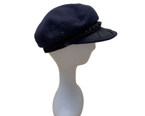 Vintage Greek Fisherman Cap Navy Wool & Cotton Braided Trim One Size