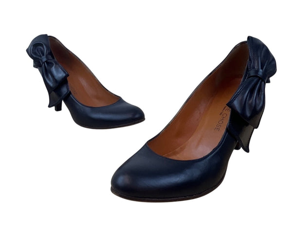 L’Autre Chose Black Leather Bow Detail High Heels Size 38 (US 7.5)