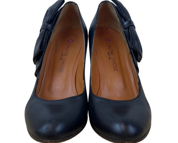 L’Autre Chose Black Leather Bow Detail High Heels Size 38 (US 7.5)