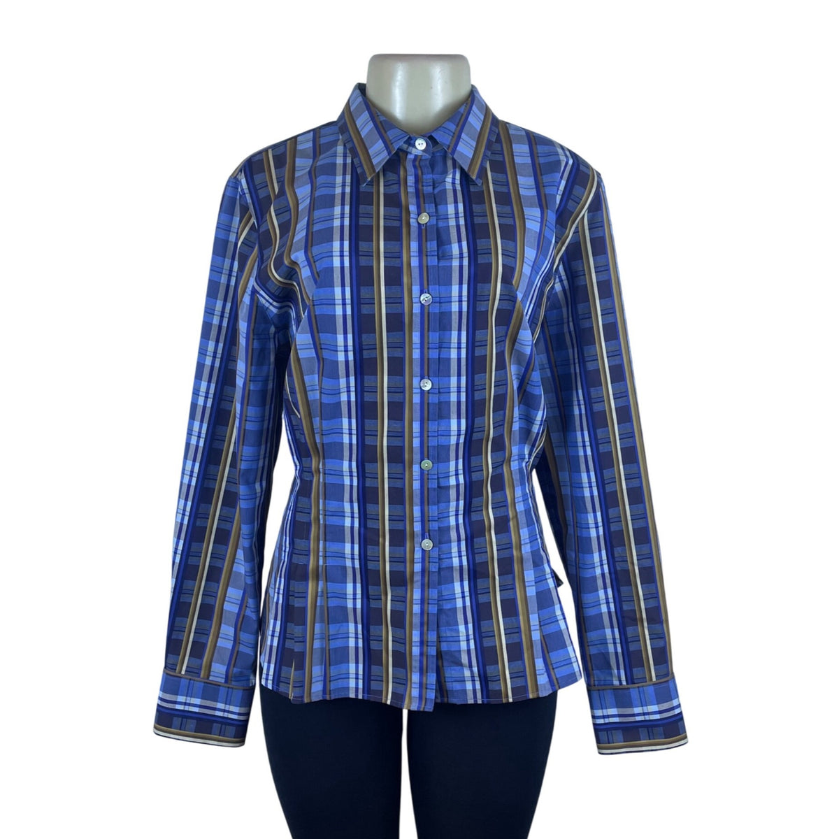 Wrinkle Free Women’s Blue Plaid Fitted Button-Down Long Sleeve Shirt Size 16
