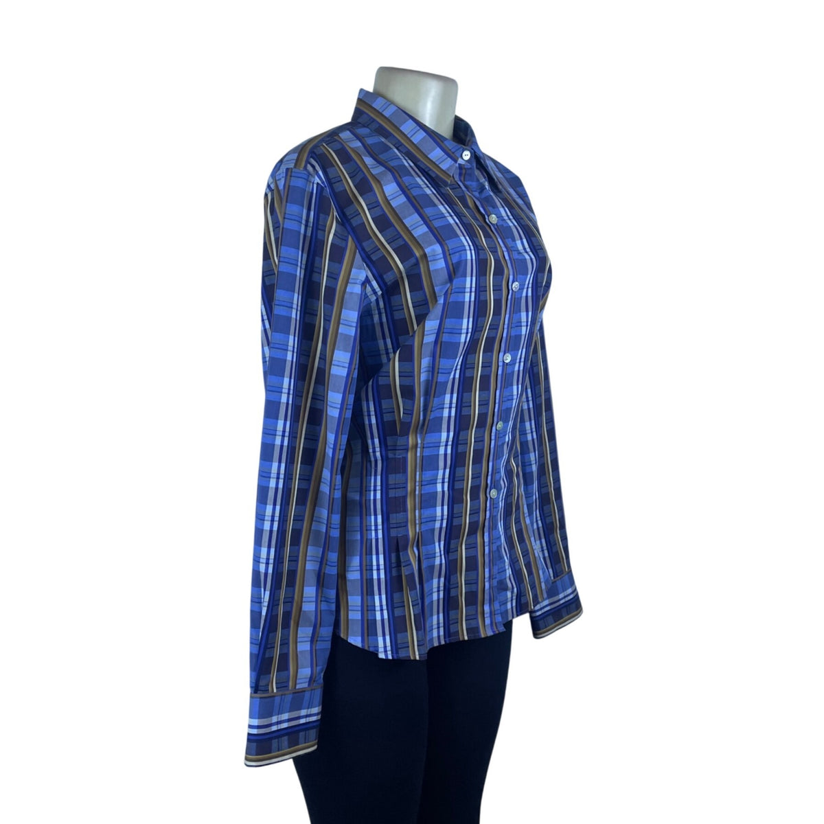 Wrinkle Free Women’s Blue Plaid Fitted Button-Down Long Sleeve Shirt Size 16