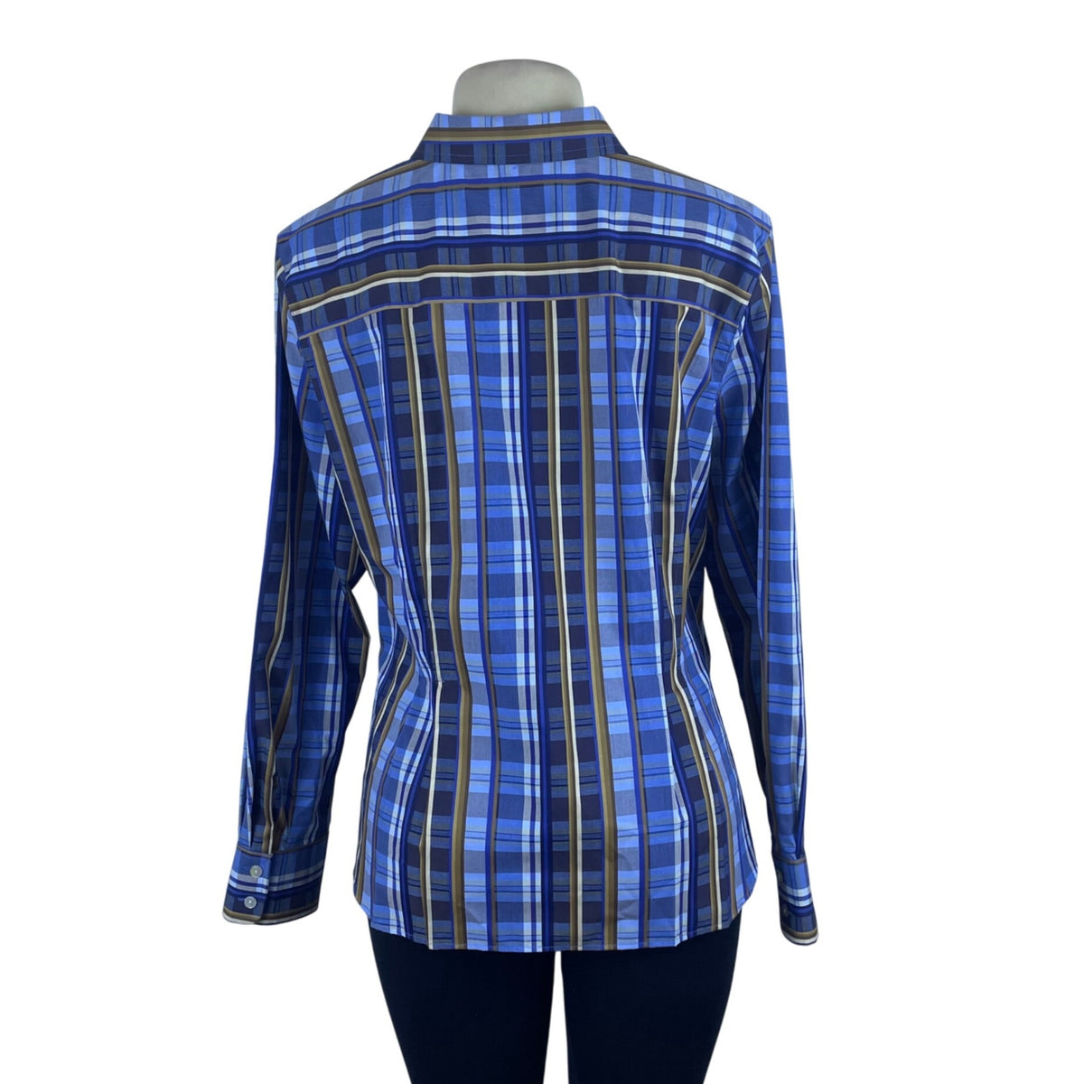 Wrinkle Free Women’s Blue Plaid Fitted Button-Down Long Sleeve Shirt Size 16