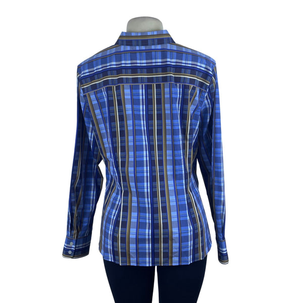 Wrinkle Free Women’s Blue Plaid Fitted Button-Down Long Sleeve Shirt Size 16