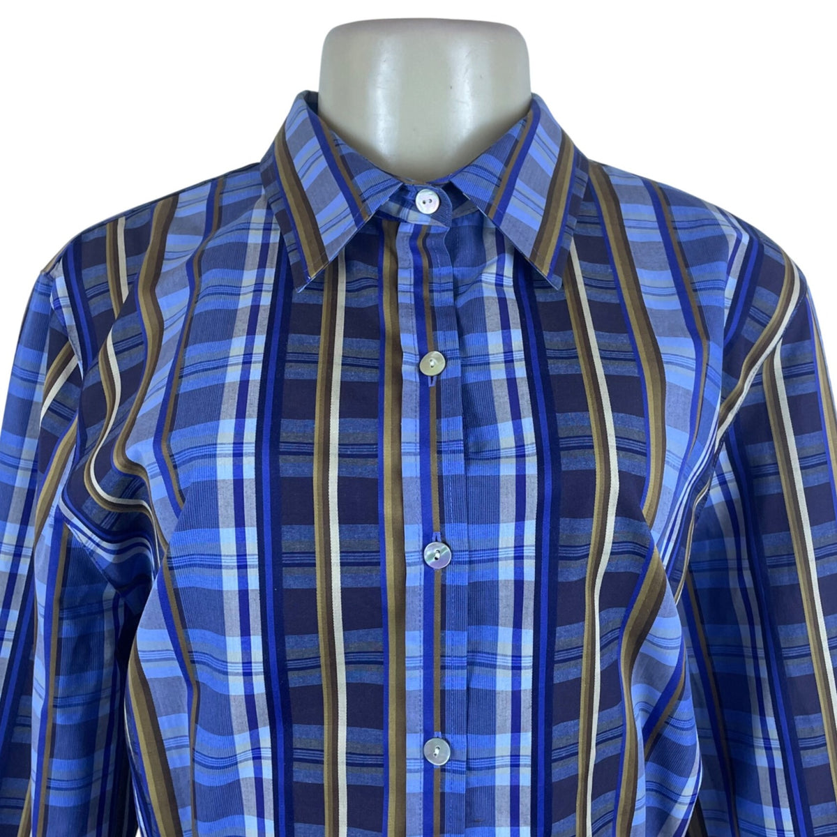 Wrinkle Free Women’s Blue Plaid Fitted Button-Down Long Sleeve Shirt Size 16