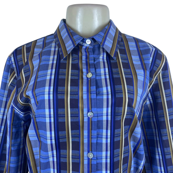 Wrinkle Free Women’s Blue Plaid Fitted Button-Down Long Sleeve Shirt Size 16