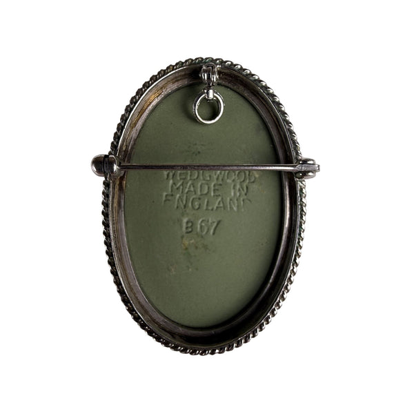 Wedgwood Made In England Green Jasperware Cameo Brooch Pin Silver Bezel Oval