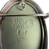 Wedgwood Made In England Green Jasperware Cameo Brooch Pin Silver Bezel Oval