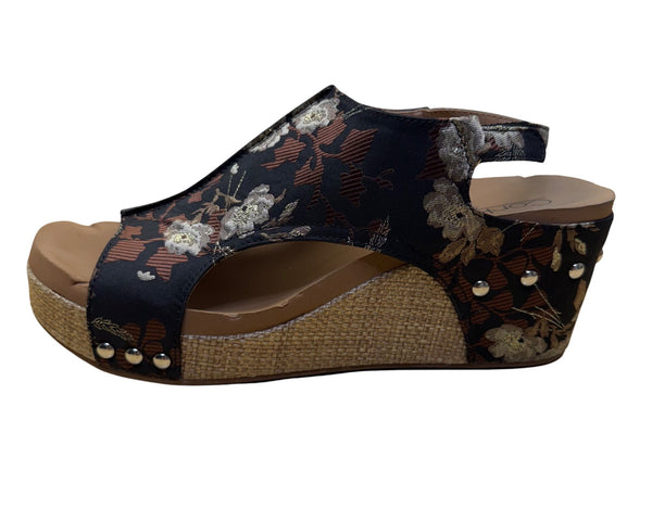 Corkys Womens Black Floral Textile Platform Wedge Sandals Size 10 Embellished