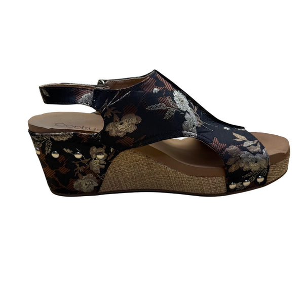 Corkys Womens Black Floral Textile Platform Wedge Sandals Size 10 Embellished
