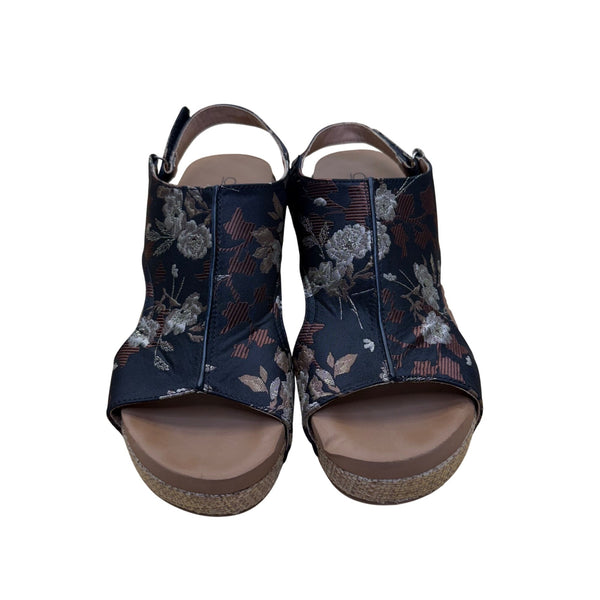 Corkys Womens Black Floral Textile Platform Wedge Sandals Size 10 Embellished