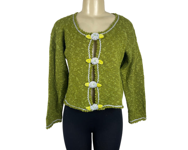 Hot Knots Womens Green Knit Cardigan With Floral Accent & Scalloped Trim