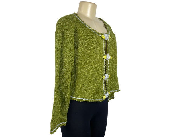 Hot Knots Womens Green Knit Cardigan With Floral Accent & Scalloped Trim