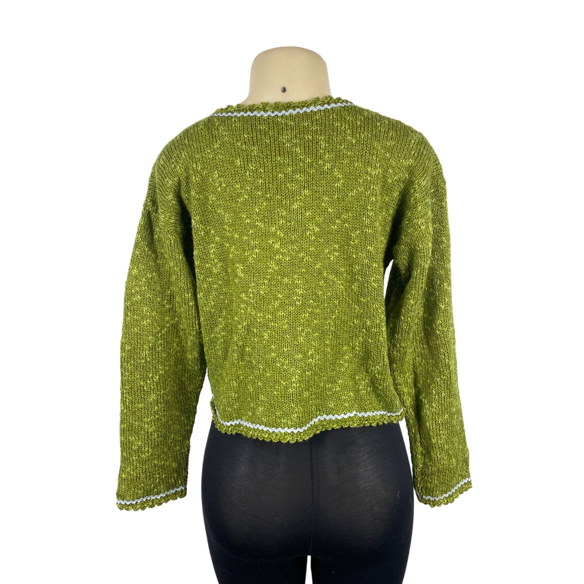 Hot Knots Womens Green Knit Cardigan With Floral Accent & Scalloped Trim