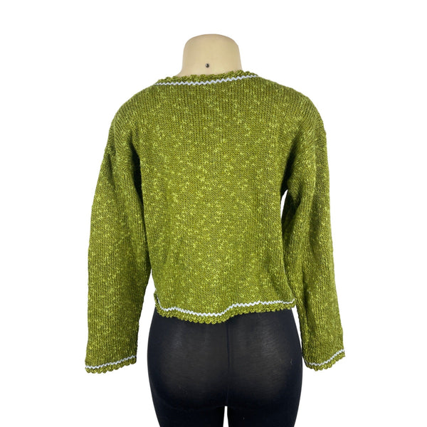 Hot Knots Womens Green Knit Cardigan With Floral Accent & Scalloped Trim
