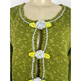 Hot Knots Womens Green Knit Cardigan With Floral Accent & Scalloped Trim