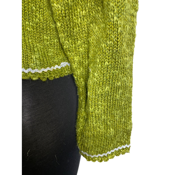 Hot Knots Womens Green Knit Cardigan With Floral Accent & Scalloped Trim