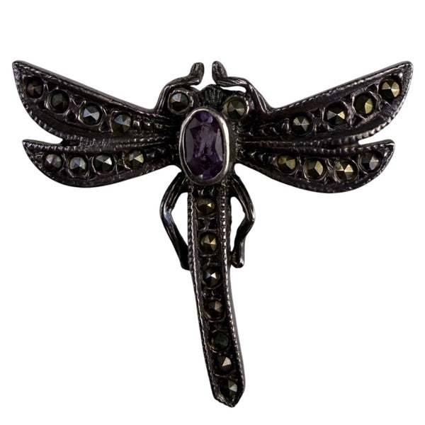 Vintage Unknown Womens Silver Tone Insect Dragonfly Brooch With Purple Stone