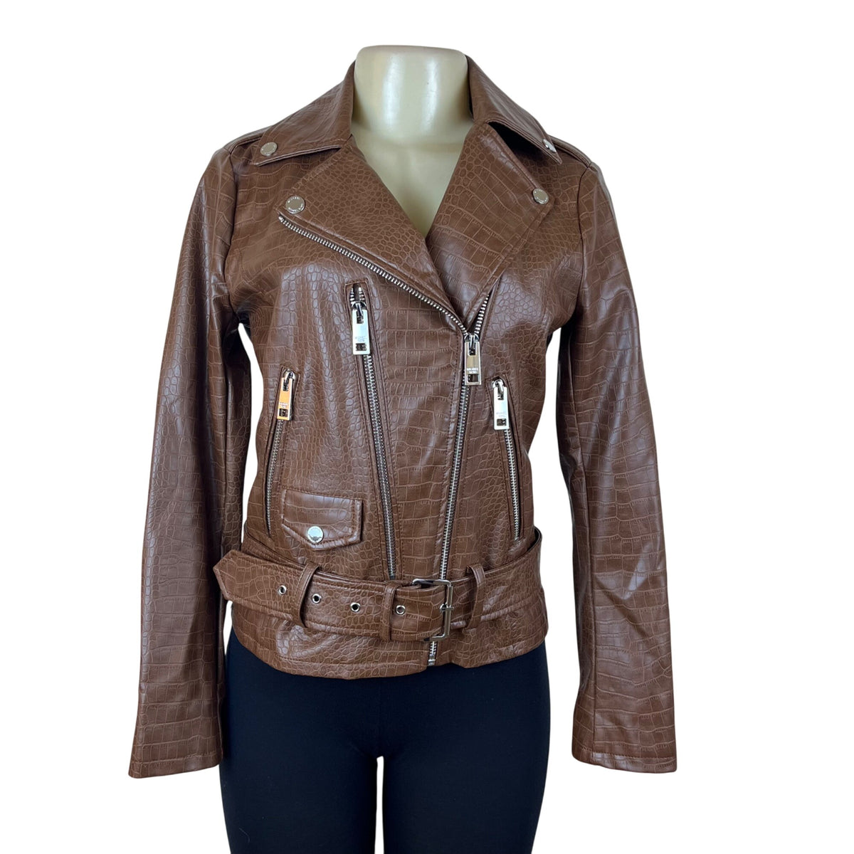 Michael Kors Womens Brown Polyurethane Croc-Embossed Belted Moto Jacket Sz XS