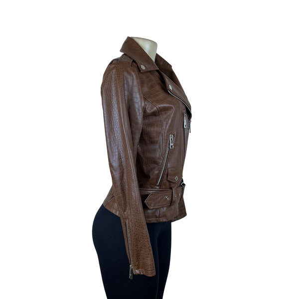 Michael Kors Womens Brown Polyurethane Croc-Embossed Belted Moto Jacket Sz XS