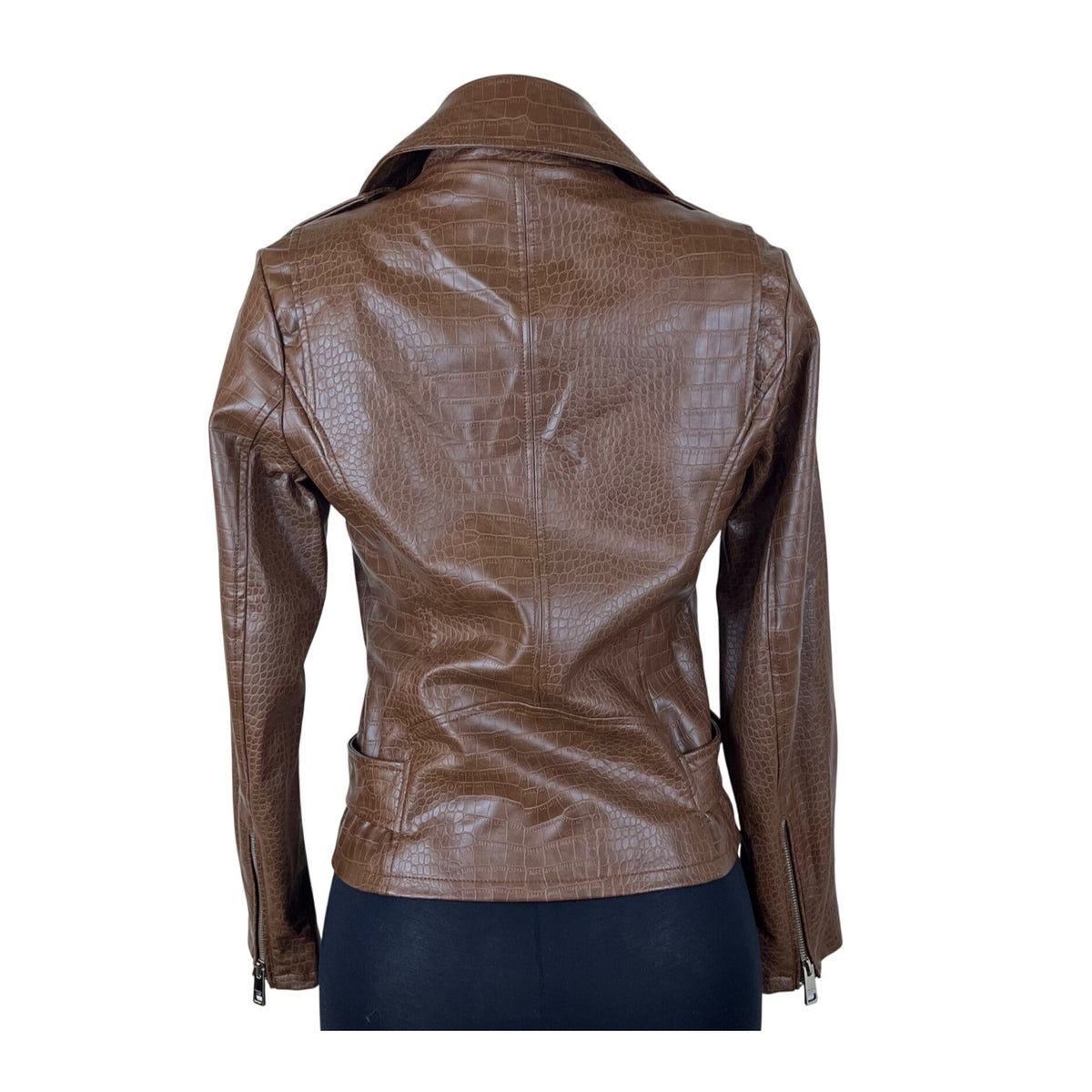 Michael Kors Womens Brown Polyurethane Croc-Embossed Belted Moto Jacket Sz XS
