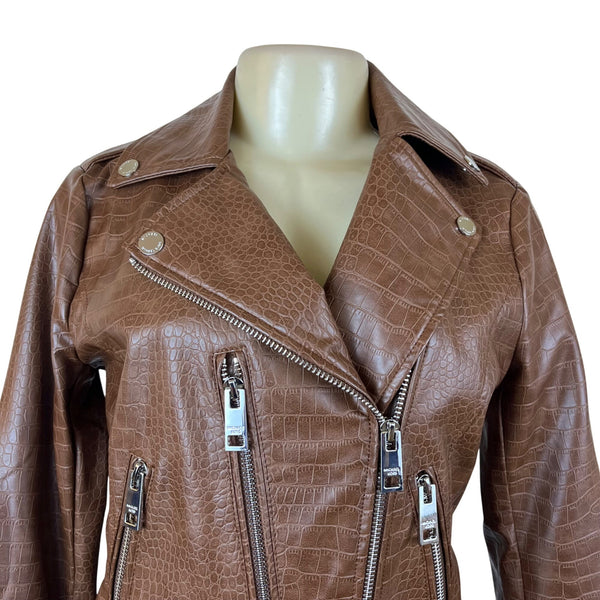 Michael Kors Womens Brown Polyurethane Croc-Embossed Belted Moto Jacket Sz XS